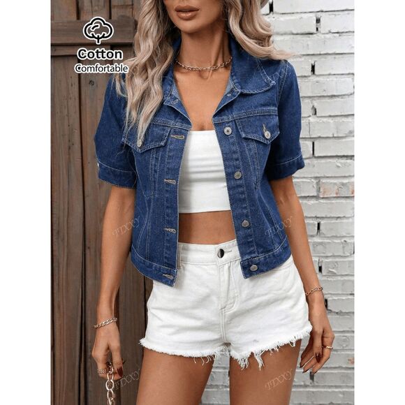 Boho Western Single-Breasted Short Sleeve Fitted Denim Jacket - Picture 1 of 6
